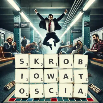 Kreatywna ilustracja do gry w Scrabble ze słowem SKROBIOWATOSCIA ułożonym z płytek na planszy.