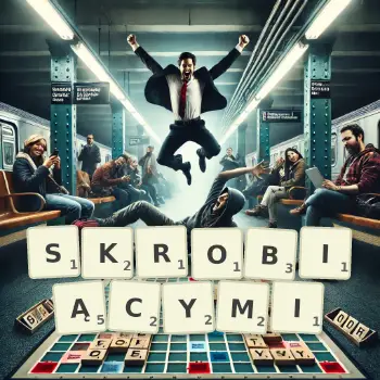 Kreatywna ilustracja do gry w Scrabble ze słowem SKROBIĄCYMI ułożonym z płytek na planszy.