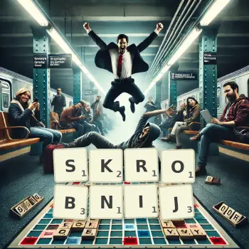 Kreatywna ilustracja do gry w Scrabble ze słowem SKROBNIJ ułożonym z płytek na planszy.