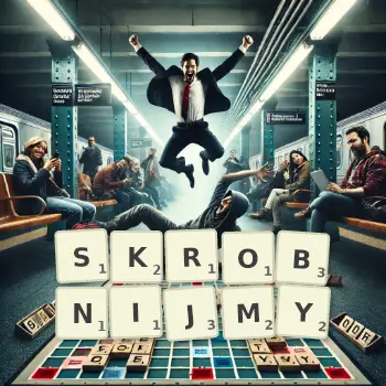 Kreatywna ilustracja do gry w Scrabble ze słowem SKROBNIJMY ułożonym z płytek na planszy.