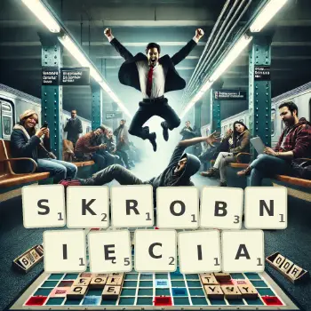 Kreatywna ilustracja do gry w Scrabble ze słowem SKROBNIĘCIA ułożonym z płytek na planszy.