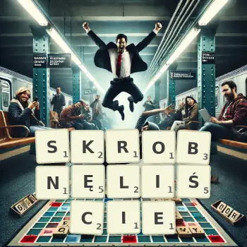 Kreatywna ilustracja do gry w Scrabble ze słowem SKROBNĘLIŚCIE ułożonym z płytek na planszy.