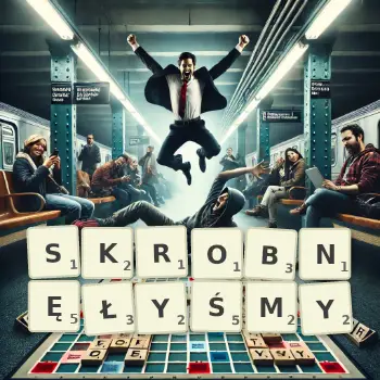 Kreatywna ilustracja do gry w Scrabble ze słowem SKROBNĘŁYŚMY ułożonym z płytek na planszy.