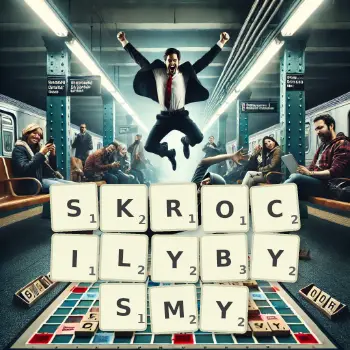 Kreatywna ilustracja do gry w Scrabble ze słowem SKROCILYBYSMY ułożonym z płytek na planszy.