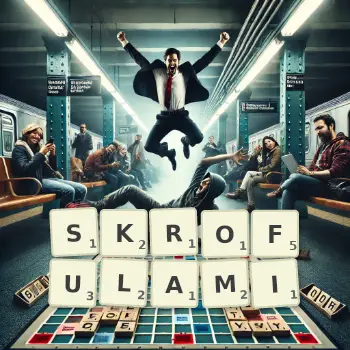 Kreatywna ilustracja do gry w Scrabble ze słowem SKROFULAMI ułożonym z płytek na planszy.