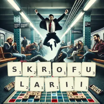 Kreatywna ilustracja do gry w Scrabble ze słowem SKROFULARII ułożonym z płytek na planszy.