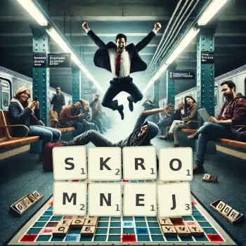 Kreatywna ilustracja do gry w Scrabble ze słowem SKROMNEJ ułożonym z płytek na planszy.