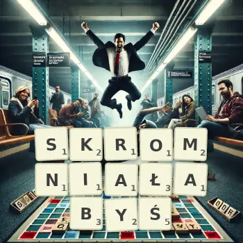 Kreatywna ilustracja do gry w Scrabble ze słowem SKROMNIAŁABYŚ ułożonym z płytek na planszy.