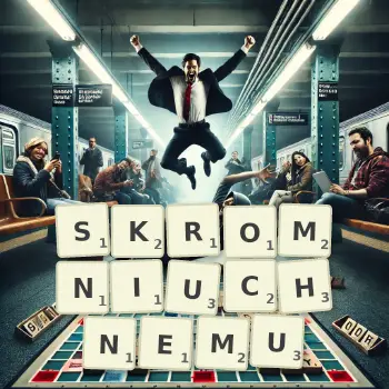 Kreatywna ilustracja do gry w Scrabble ze słowem SKROMNIUCHNEMU ułożonym z płytek na planszy.