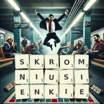 Kreatywna ilustracja do gry w Scrabble ze słowem SKROMNIUSIENKIE ułożonym z płytek na planszy.
