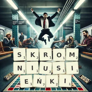 Kreatywna ilustracja do gry w Scrabble ze słowem SKROMNIUSIEŃKI ułożonym z płytek na planszy.