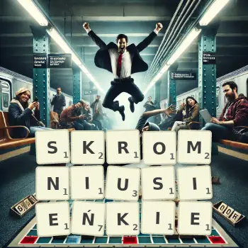 Kreatywna ilustracja do gry w Scrabble ze słowem SKROMNIUSIEŃKIE ułożonym z płytek na planszy.