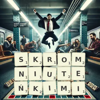 Kreatywna ilustracja do gry w Scrabble ze słowem SKROMNIUTEŃKIMI ułożonym z płytek na planszy.