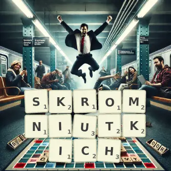 Kreatywna ilustracja do gry w Scrabble ze słowem SKROMNIUTKICH ułożonym z płytek na planszy.