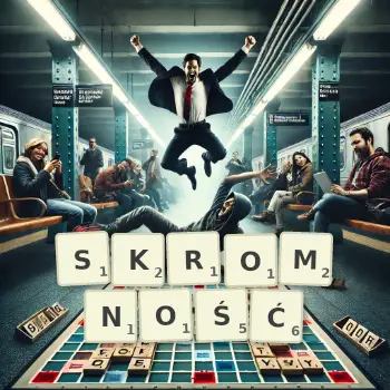 Kreatywna ilustracja do gry w Scrabble ze słowem SKROMNOŚĆ ułożonym z płytek na planszy.