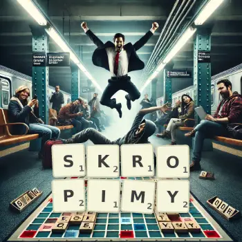 Kreatywna ilustracja do gry w Scrabble ze słowem SKROPIMY ułożonym z płytek na planszy.