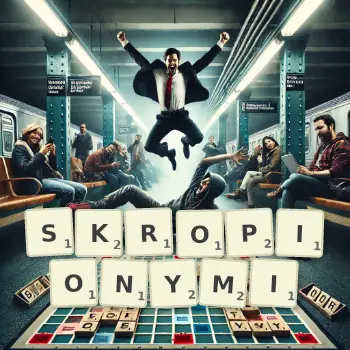 Kreatywna ilustracja do gry w Scrabble ze słowem SKROPIONYMI ułożonym z płytek na planszy.