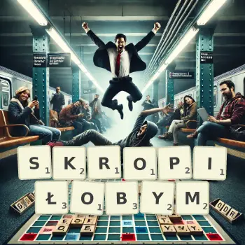 Kreatywna ilustracja do gry w Scrabble ze słowem SKROPIŁOBYM ułożonym z płytek na planszy.