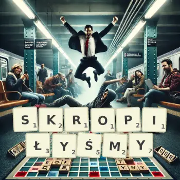 Kreatywna ilustracja do gry w Scrabble ze słowem SKROPIŁYŚMY ułożonym z płytek na planszy.