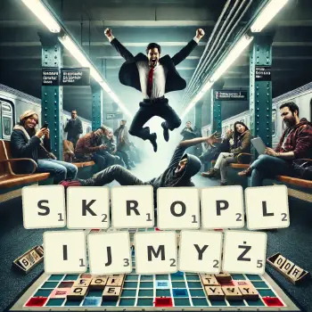 Kreatywna ilustracja do gry w Scrabble ze słowem SKROPLIJMYŻ ułożonym z płytek na planszy.