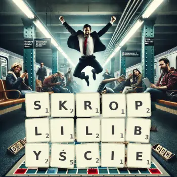 Kreatywna ilustracja do gry w Scrabble ze słowem SKROPLILIBYŚCIE ułożonym z płytek na planszy.