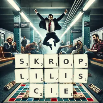 Kreatywna ilustracja do gry w Scrabble ze słowem SKROPLILISCIE ułożonym z płytek na planszy.