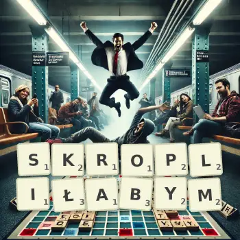 Kreatywna ilustracja do gry w Scrabble ze słowem SKROPLIŁABYM ułożonym z płytek na planszy.