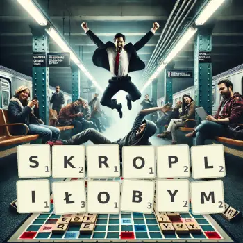 Kreatywna ilustracja do gry w Scrabble ze słowem SKROPLIŁOBYM ułożonym z płytek na planszy.