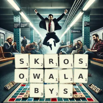 Kreatywna ilustracja do gry w Scrabble ze słowem SKROSOWALABYS ułożonym z płytek na planszy.
