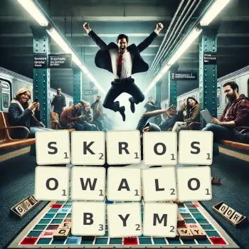 Kreatywna ilustracja do gry w Scrabble ze słowem SKROSOWALOBYM ułożonym z płytek na planszy.