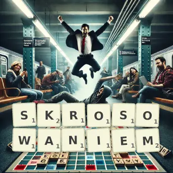 Kreatywna ilustracja do gry w Scrabble ze słowem SKROSOWANIEM ułożonym z płytek na planszy.
