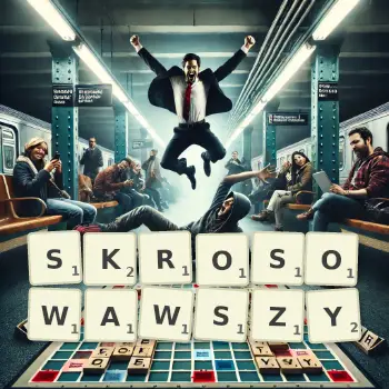 Kreatywna ilustracja do gry w Scrabble ze słowem SKROSOWAWSZY ułożonym z płytek na planszy.