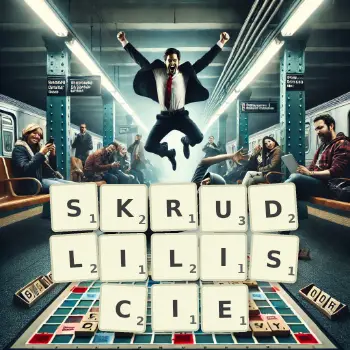 Kreatywna ilustracja do gry w Scrabble ze słowem SKRUDLILISCIE ułożonym z płytek na planszy.