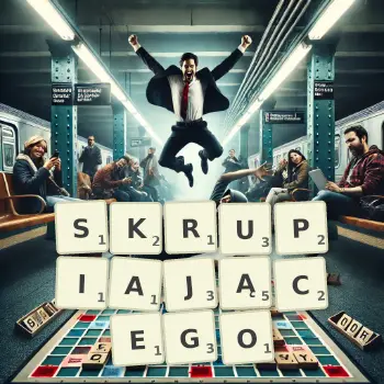Kreatywna ilustracja do gry w Scrabble ze słowem SKRUPIAJĄCEGO ułożonym z płytek na planszy.