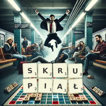 Kreatywna ilustracja do gry w Scrabble ze słowem SKRUPIAŁ ułożonym z płytek na planszy.