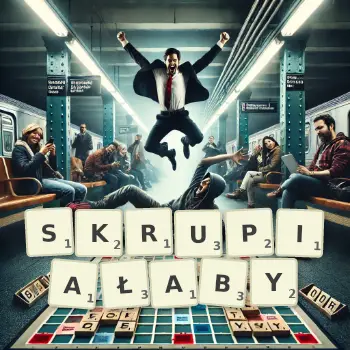 Kreatywna ilustracja do gry w Scrabble ze słowem SKRUPIAŁABY ułożonym z płytek na planszy.