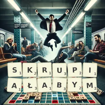 Kreatywna ilustracja do gry w Scrabble ze słowem SKRUPIAŁABYM ułożonym z płytek na planszy.