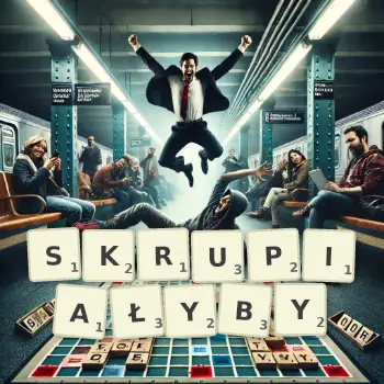Kreatywna ilustracja do gry w Scrabble ze słowem SKRUPIAŁYBY ułożonym z płytek na planszy.