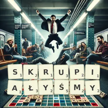 Kreatywna ilustracja do gry w Scrabble ze słowem SKRUPIAŁYŚMY ułożonym z płytek na planszy.