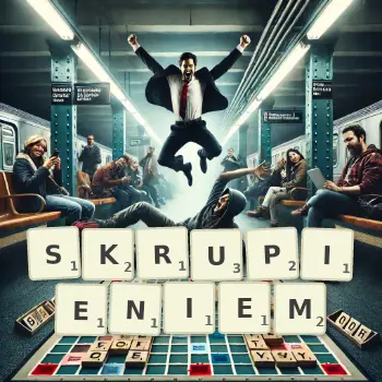 Kreatywna ilustracja do gry w Scrabble ze słowem SKRUPIENIEM ułożonym z płytek na planszy.