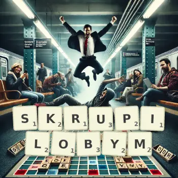 Kreatywna ilustracja do gry w Scrabble ze słowem SKRUPILOBYM ułożonym z płytek na planszy.