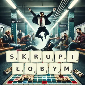 Kreatywna ilustracja do gry w Scrabble ze słowem SKRUPIŁOBYM ułożonym z płytek na planszy.
