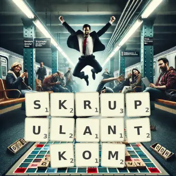 Kreatywna ilustracja do gry w Scrabble ze słowem SKRUPULANTKOM ułożonym z płytek na planszy.