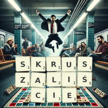 Kreatywna ilustracja do gry w Scrabble ze słowem SKRUSZALIŚCIE ułożonym z płytek na planszy.