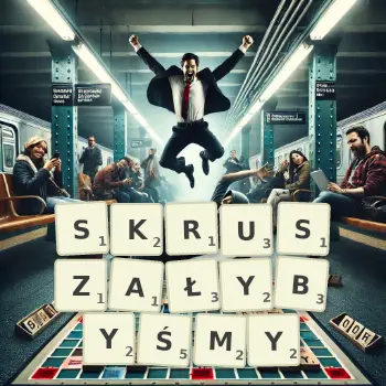 Kreatywna ilustracja do gry w Scrabble ze słowem SKRUSZAŁYBYŚMY ułożonym z płytek na planszy.