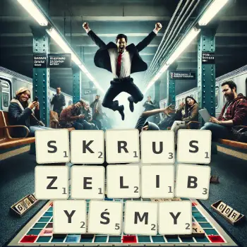 Kreatywna ilustracja do gry w Scrabble ze słowem SKRUSZELIBYŚMY ułożonym z płytek na planszy.