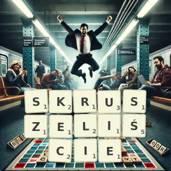 Kreatywna ilustracja do gry w Scrabble ze słowem SKRUSZELIŚCIE ułożonym z płytek na planszy.