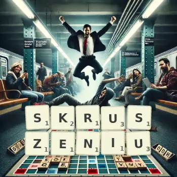 Kreatywna ilustracja do gry w Scrabble ze słowem SKRUSZENIU ułożonym z płytek na planszy.