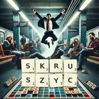 Kreatywna ilustracja do gry w Scrabble ze słowem SKRUSZYC ułożonym z płytek na planszy.