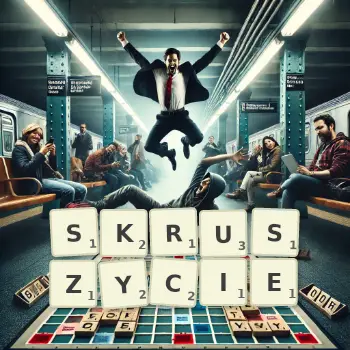 Kreatywna ilustracja do gry w Scrabble ze słowem SKRUSZYCIE ułożonym z płytek na planszy.